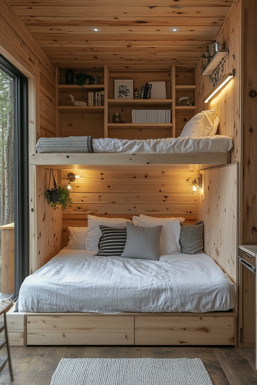 Clever small cabin bedroom with smart space-saving design