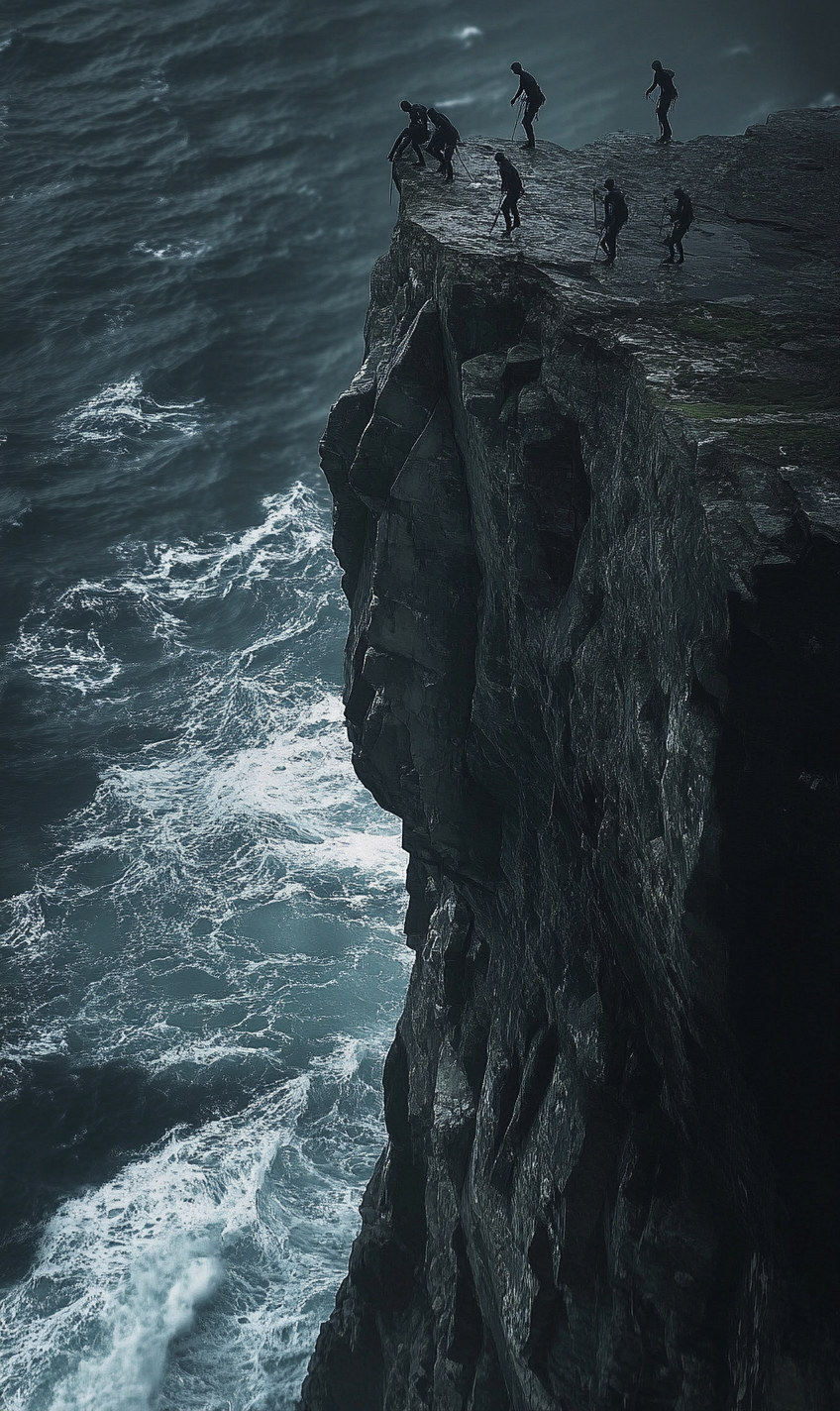 Climbers on Dark Stormy British Island Cliff