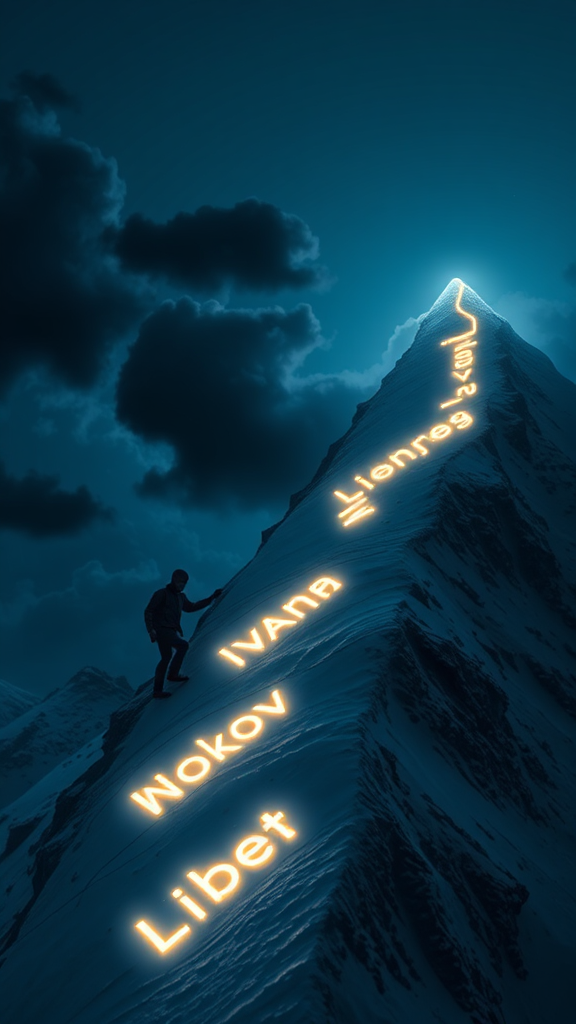 Climbing a neon-lit mountain towards glowing Liberty.