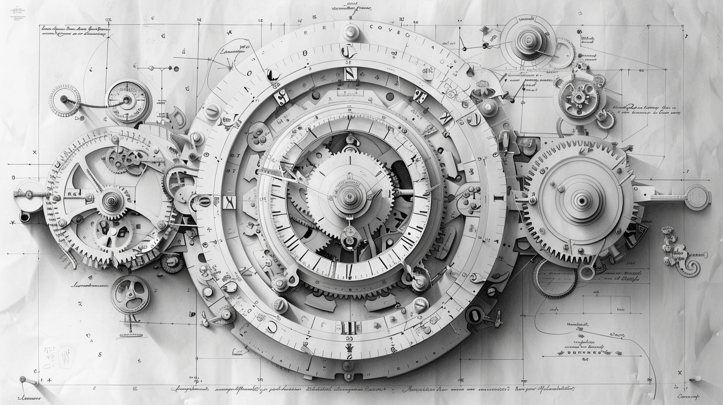 Clocktower design drawing with detailed gears and dials.