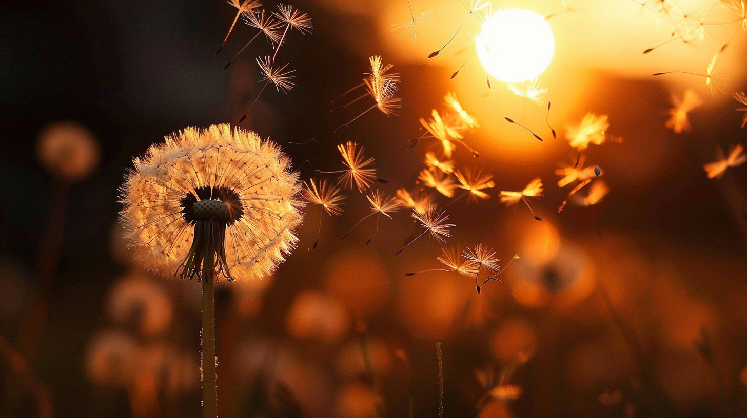 Close-Up Dandelion Seeds Blowing at Golden Hour