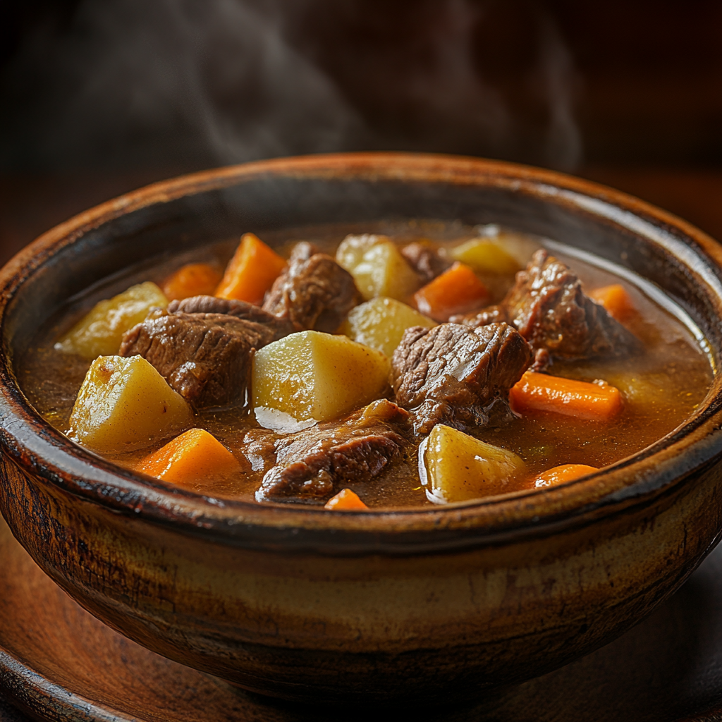 Close-Up Shot: Classic Beef Stew in Rustic Bowl