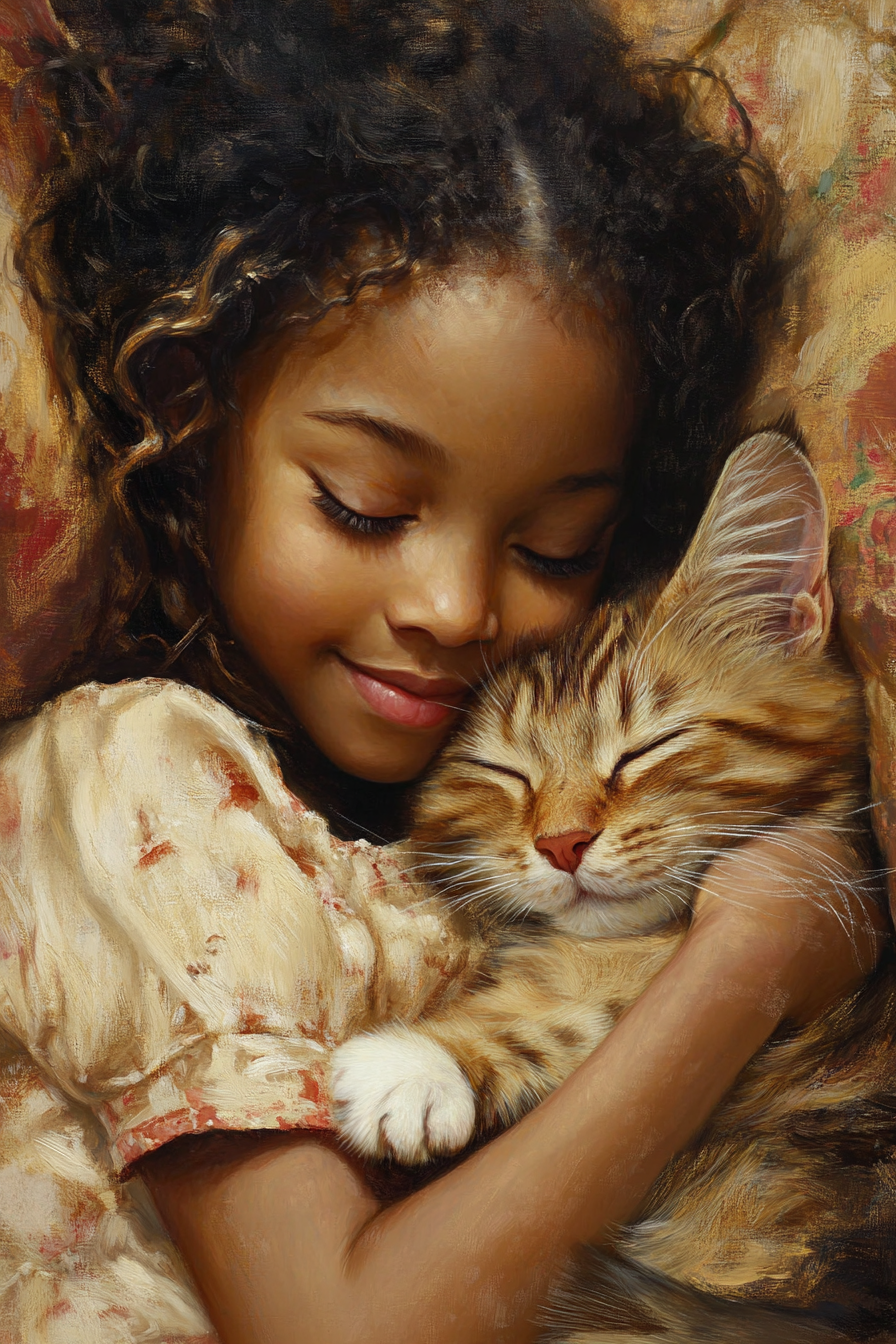 Close bond between girl and kitty cat illustration.