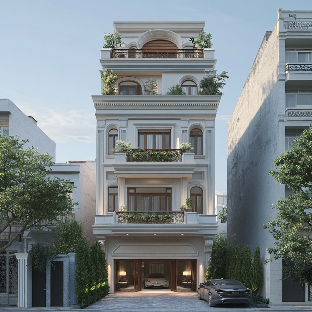 Close-out front view of 8-level building with balconies.