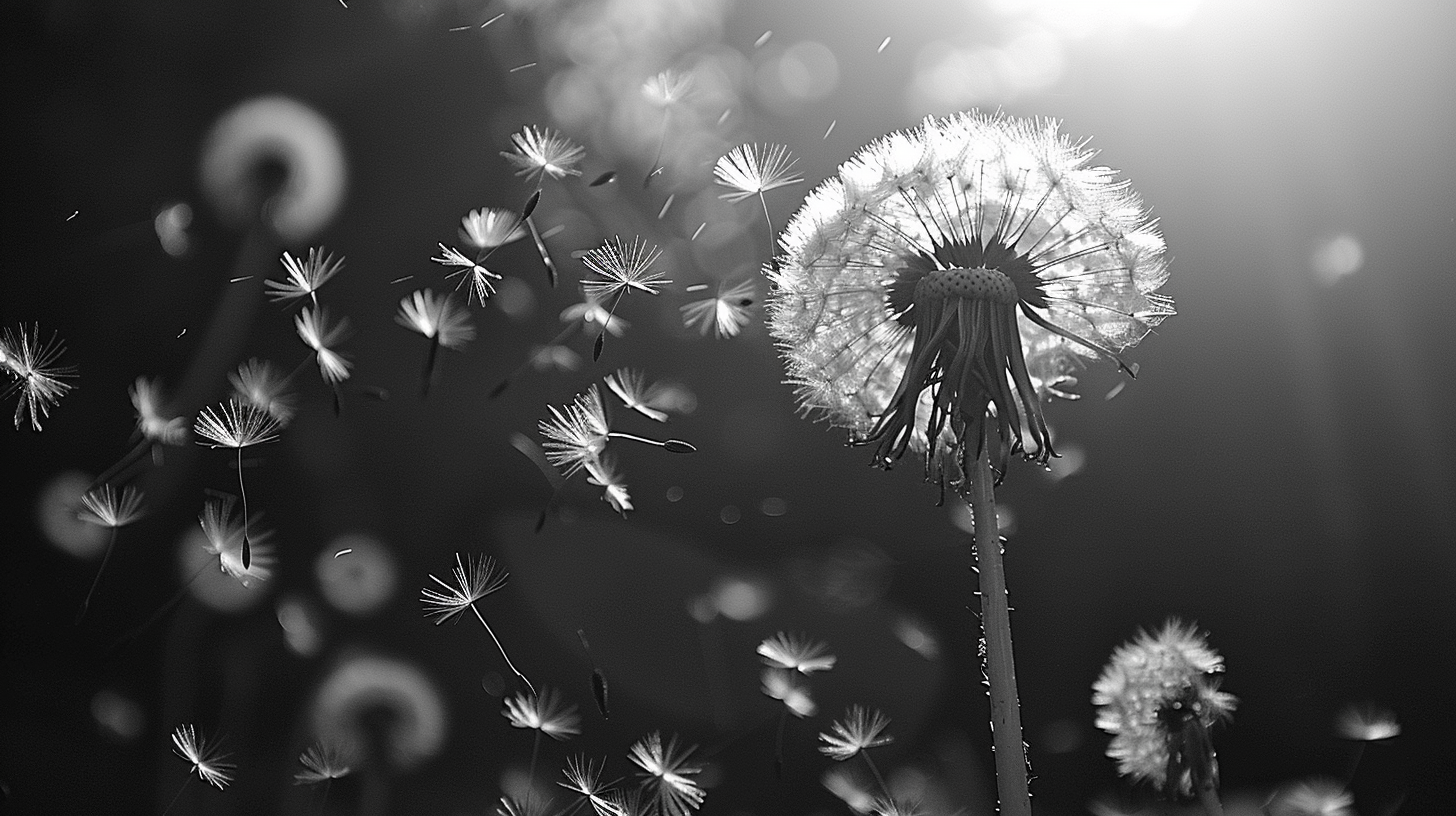 Close-up Dandelion Seeds Blowing in Black and White