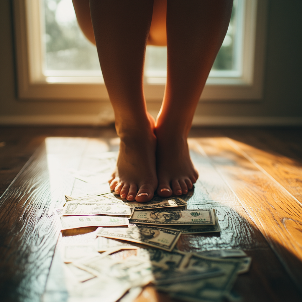 Close-up Woman's Feet Soles with Dollar Bills, Canon EOS-1D X Mark III