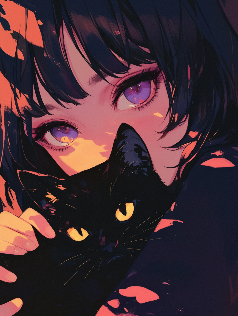 Close-up anime girl with purple eyes holding cat.