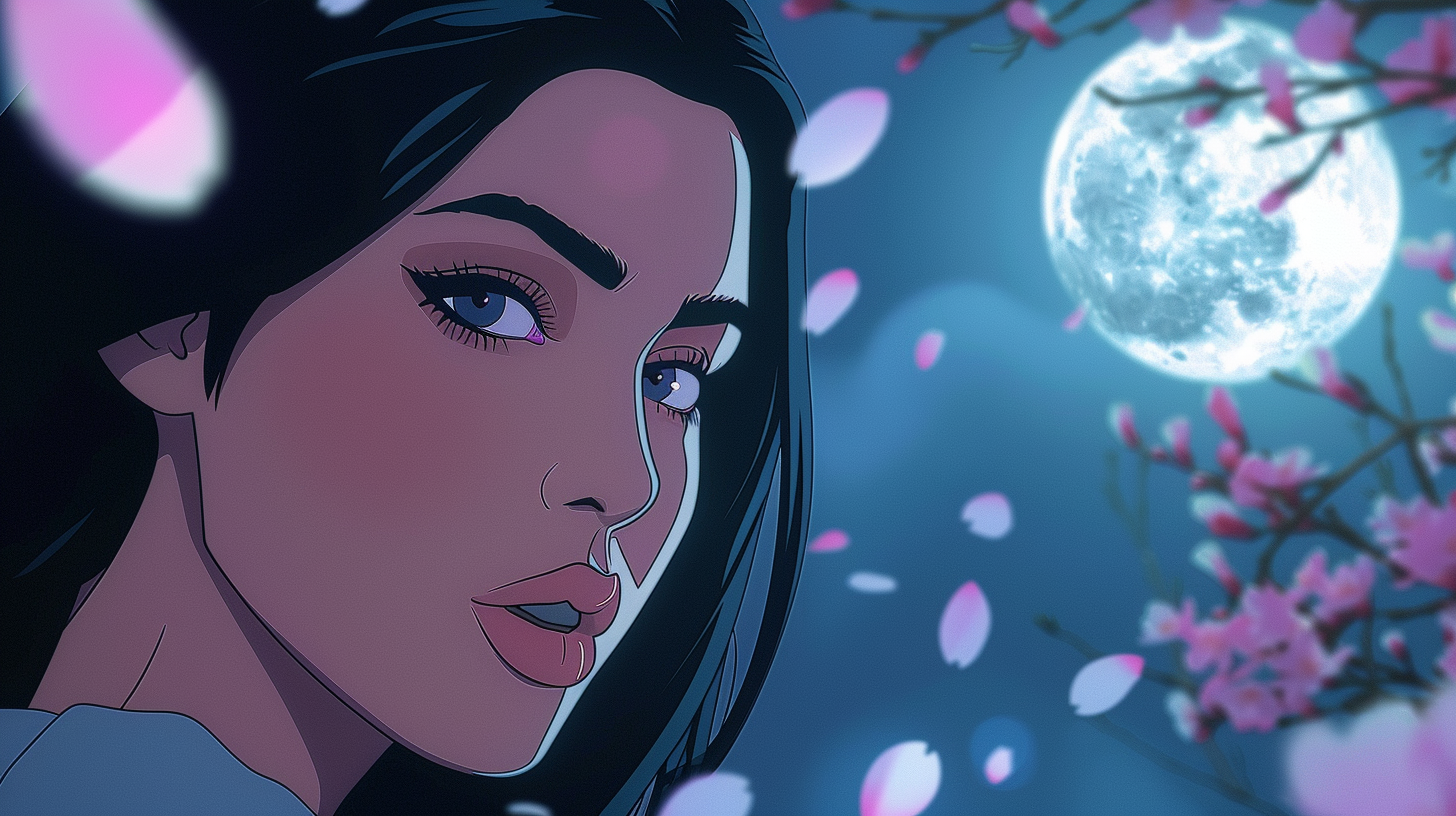 Close-up anime portrait of Kim Kardashian with Ghibli influence.