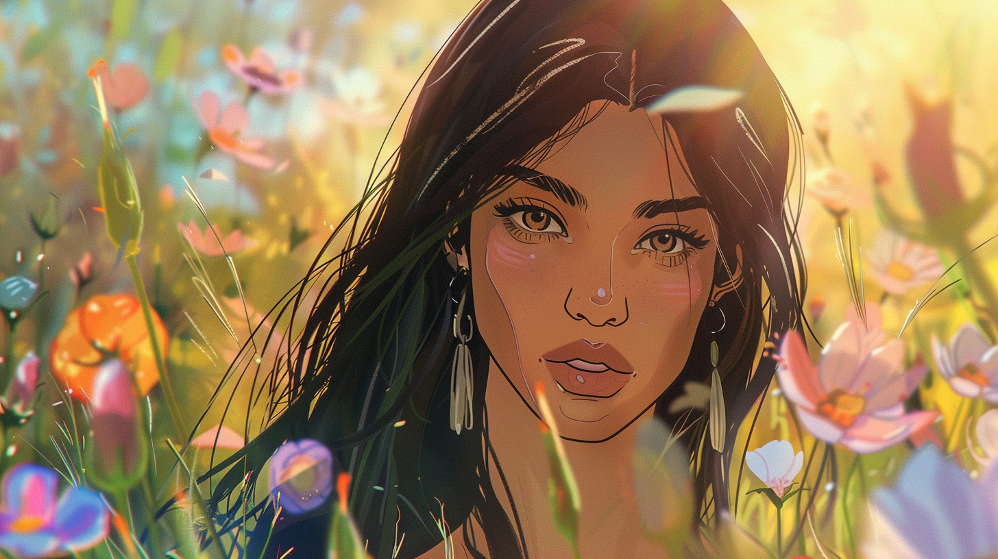 Close-up anime-style portrait of Kim Kardashian with meadow.