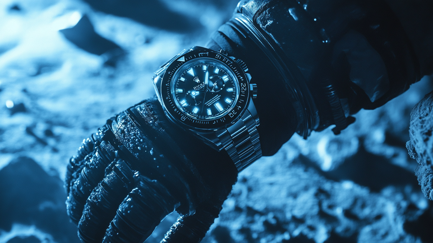 Close-up astronaut wrist with Rolex watch glowing.