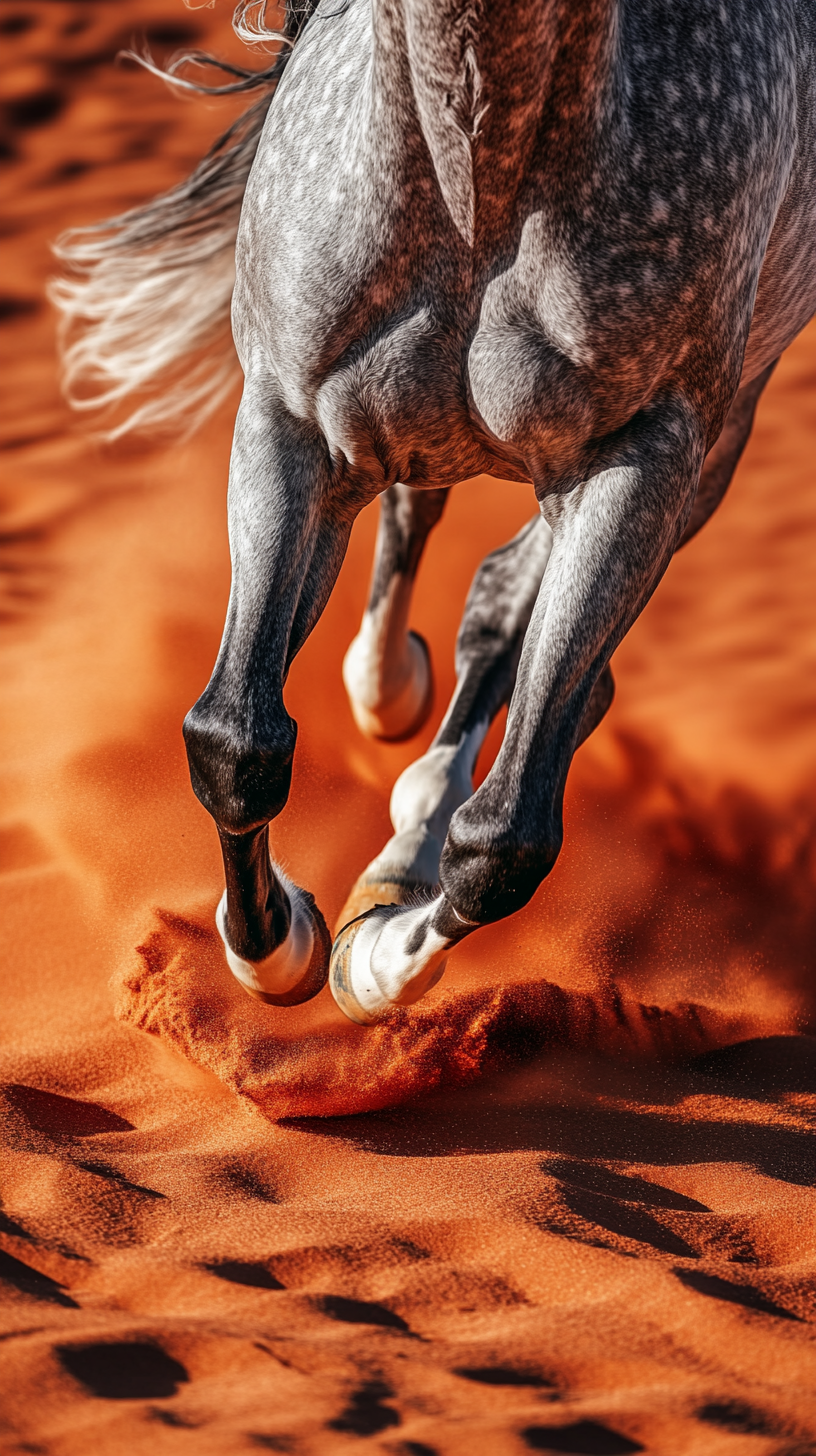 Close-up dark grey horse with white mane running.