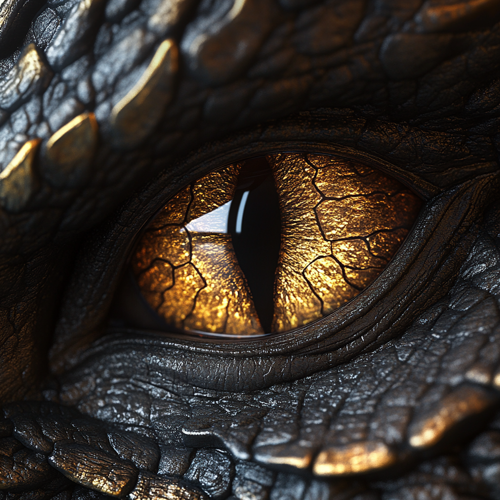 Close-up eye with scales and gold dragon style. Hyper-realistic animal illustration with smooth textures.