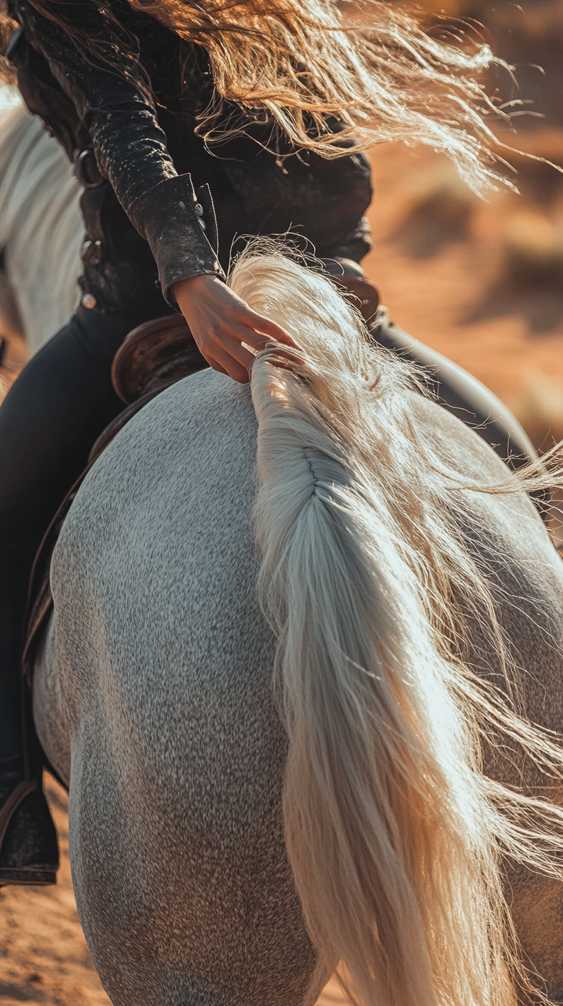 Close-up image of woman holding horse in desert sun.