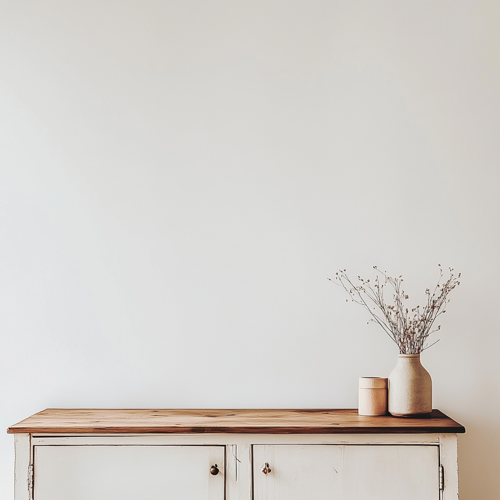 Close-up minimalist living room with plain white wall and vintage wooden cupboard.