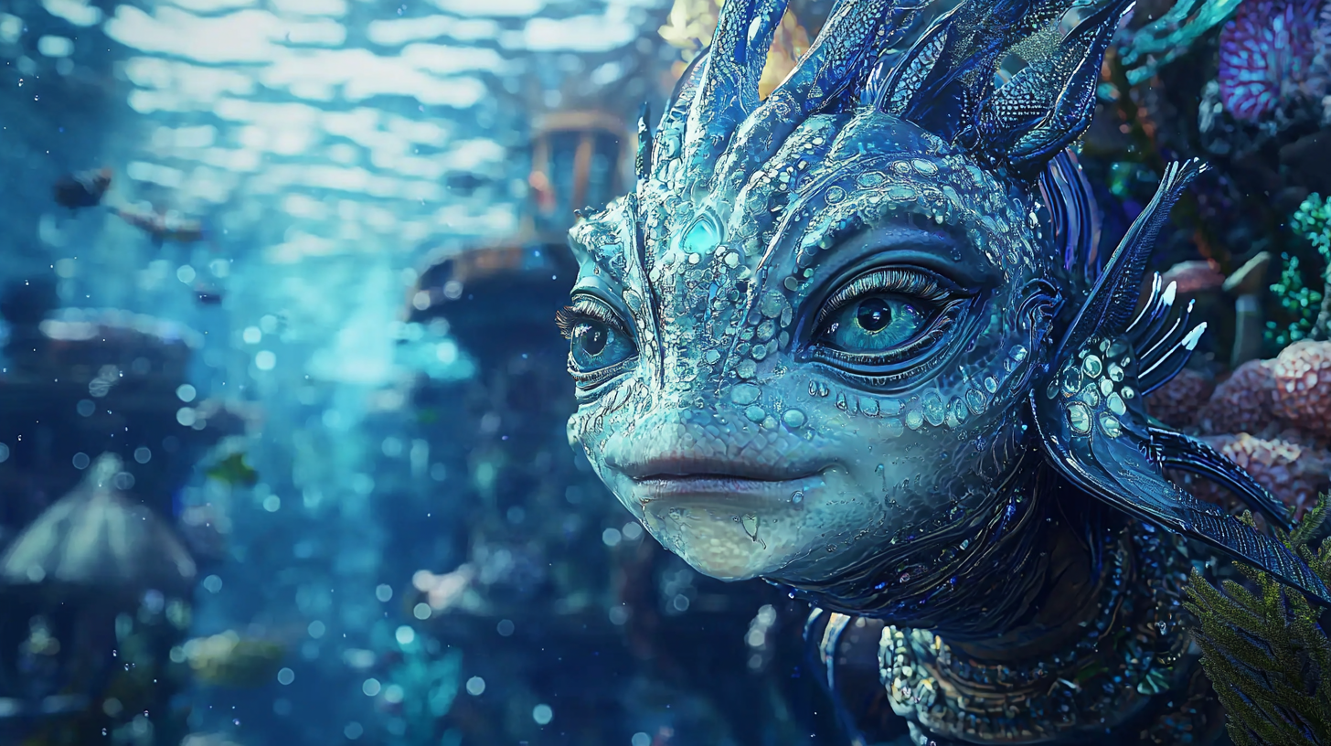 Close up of Alien Mermaid in underwater city.