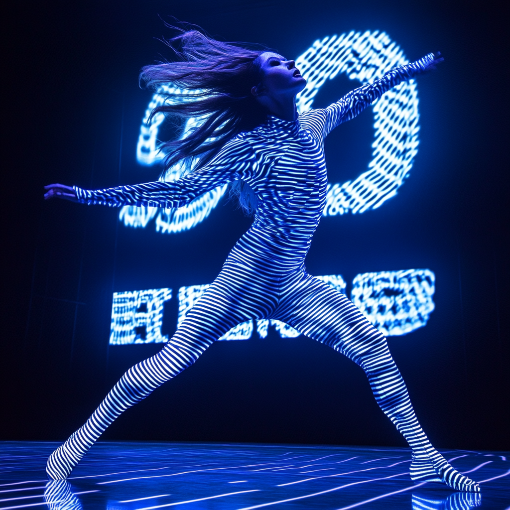 Close-up of Dancer's Blue and White Jumpsuit.