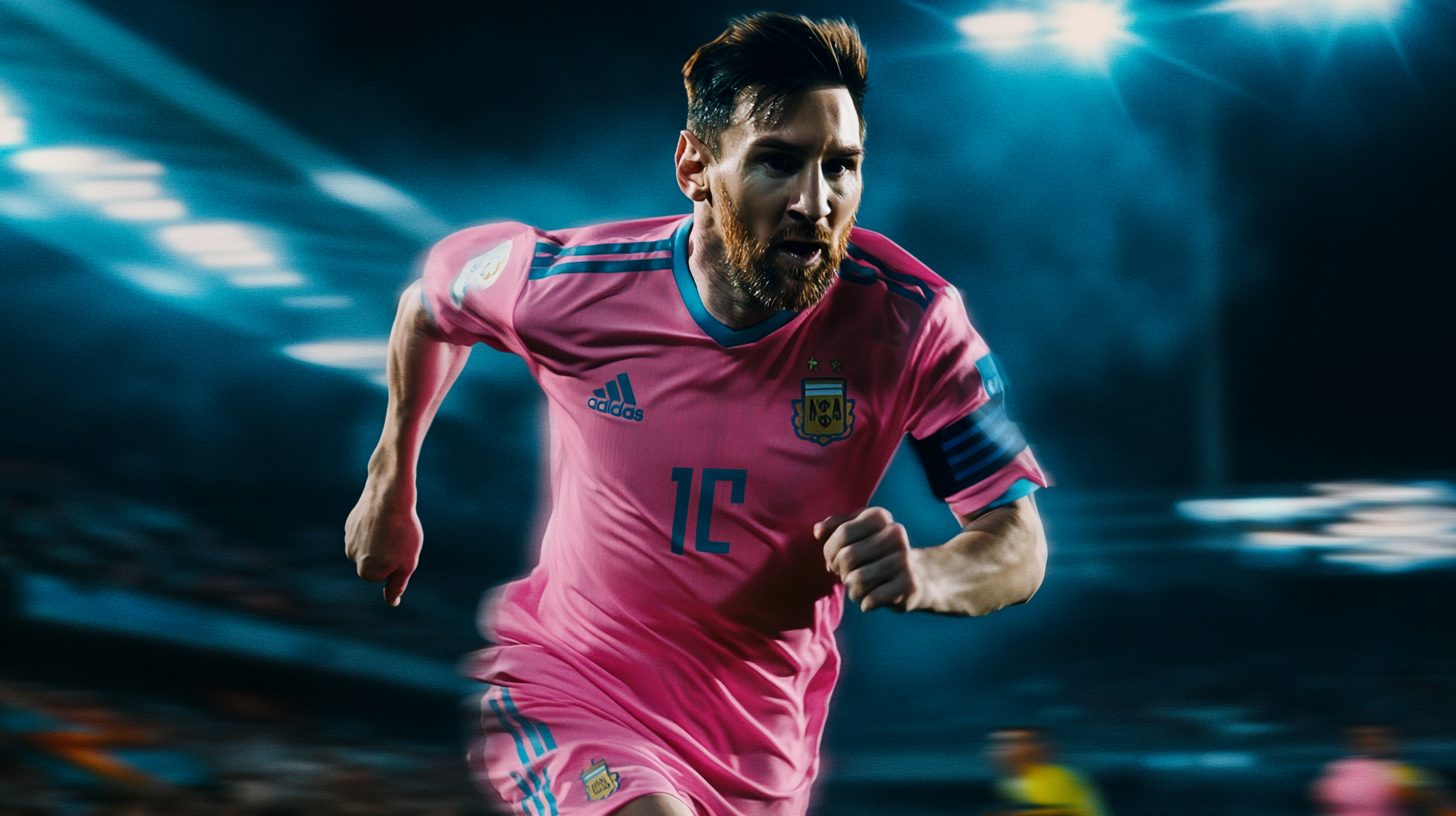 Close-up of Messi running in pink uniform