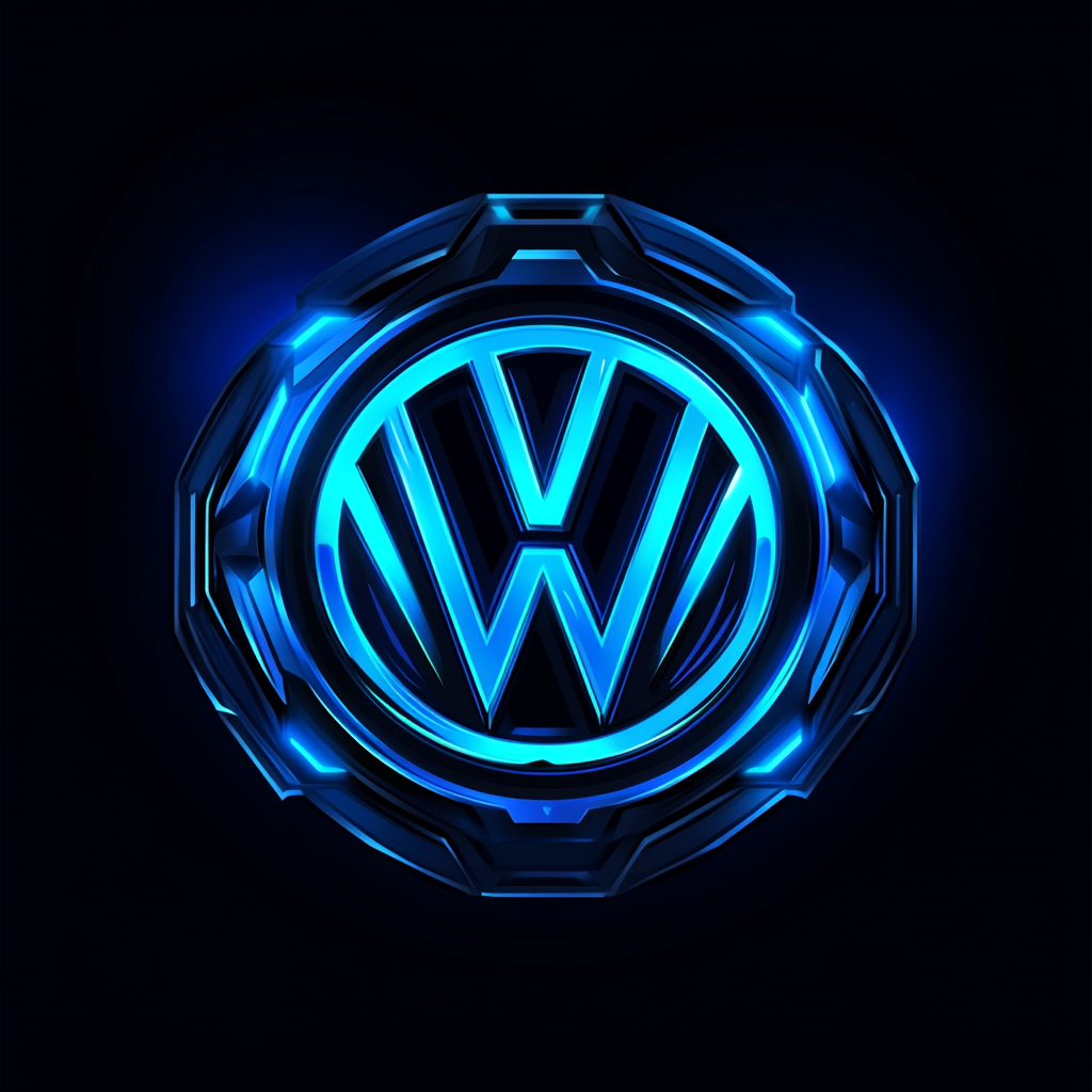 Close up of Volkswagen logo with blue light.