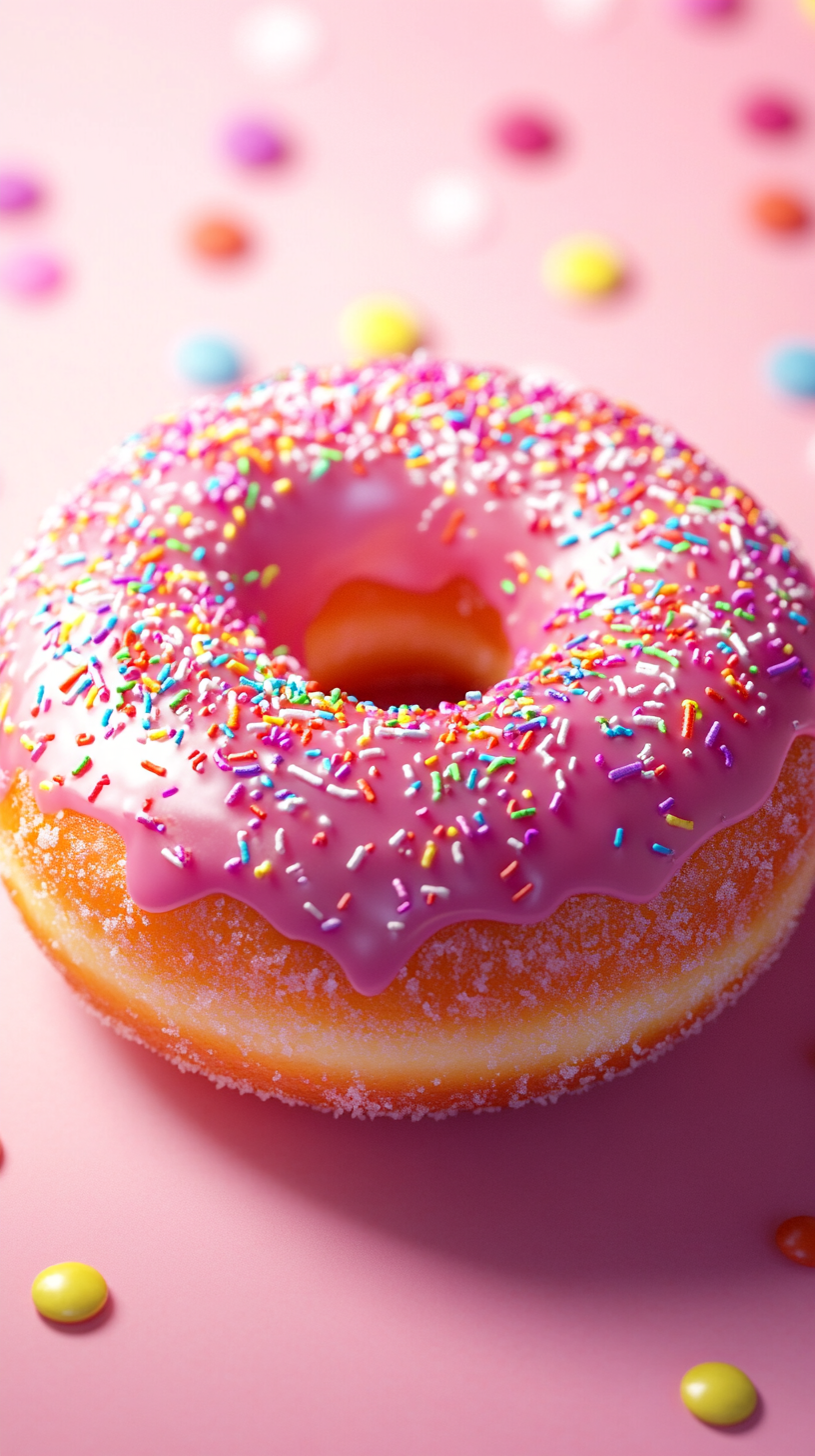 Close-up of a fluffy pink glazed donut with candy sprinkles.