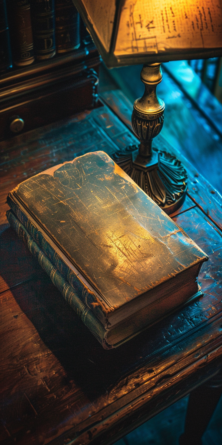 Close-up of antique book on desk with lamp.