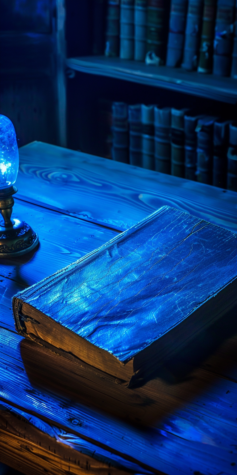 Close-up of antique book on wide desk.