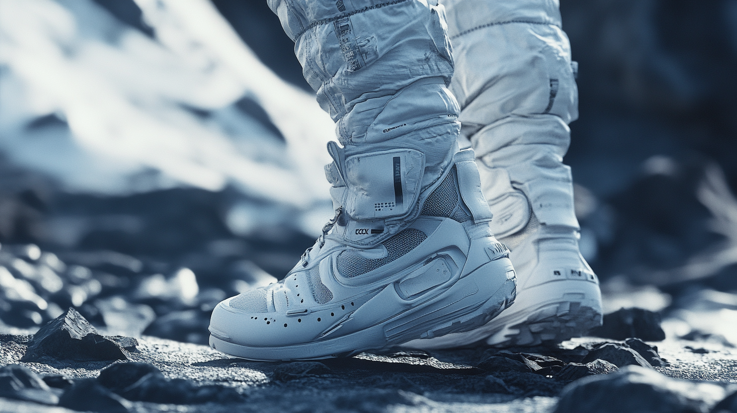 Close-up of astronaut's feet in Nike shoes.