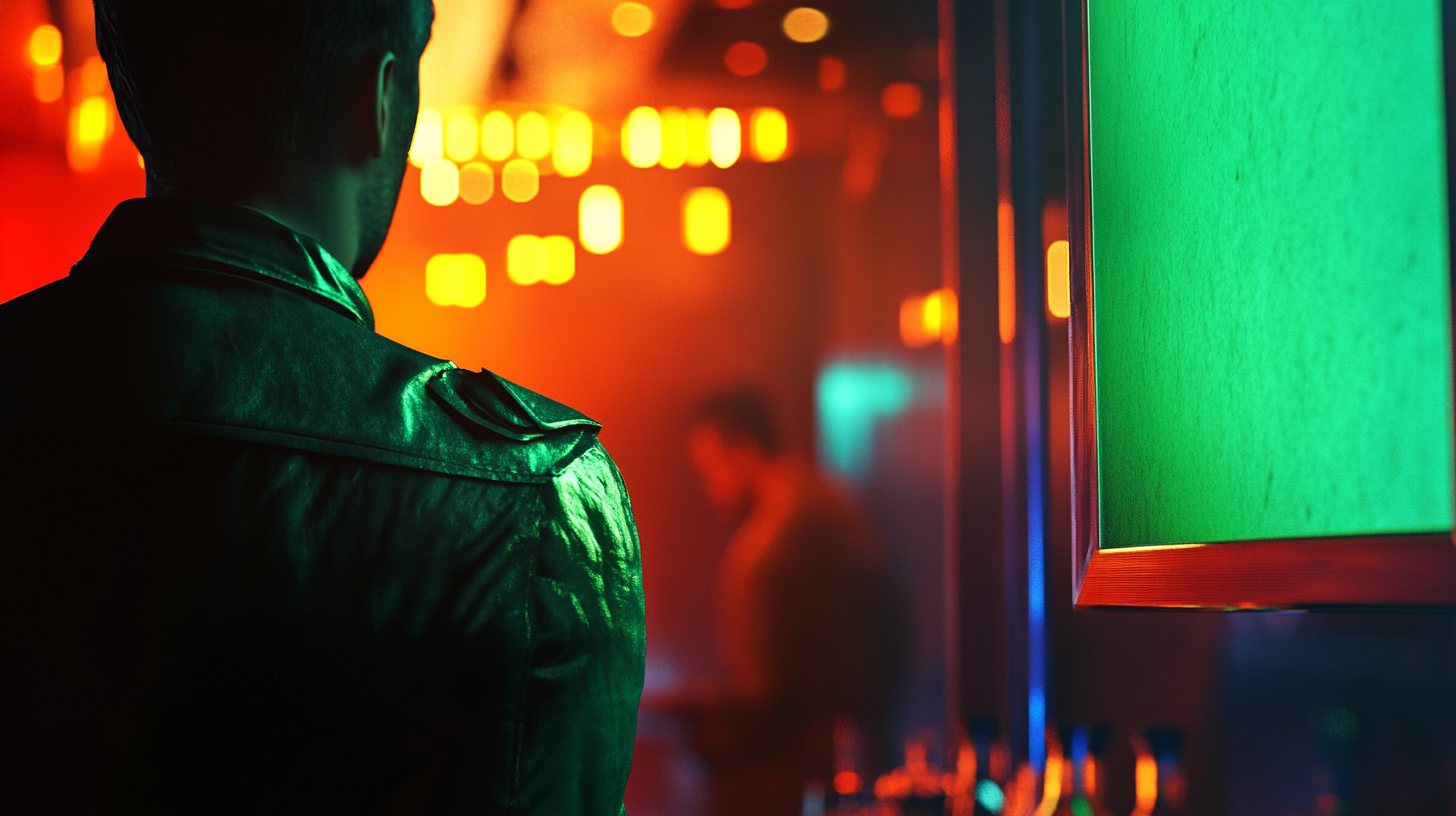 Close-up of blank green poster in vibrant nightclub.