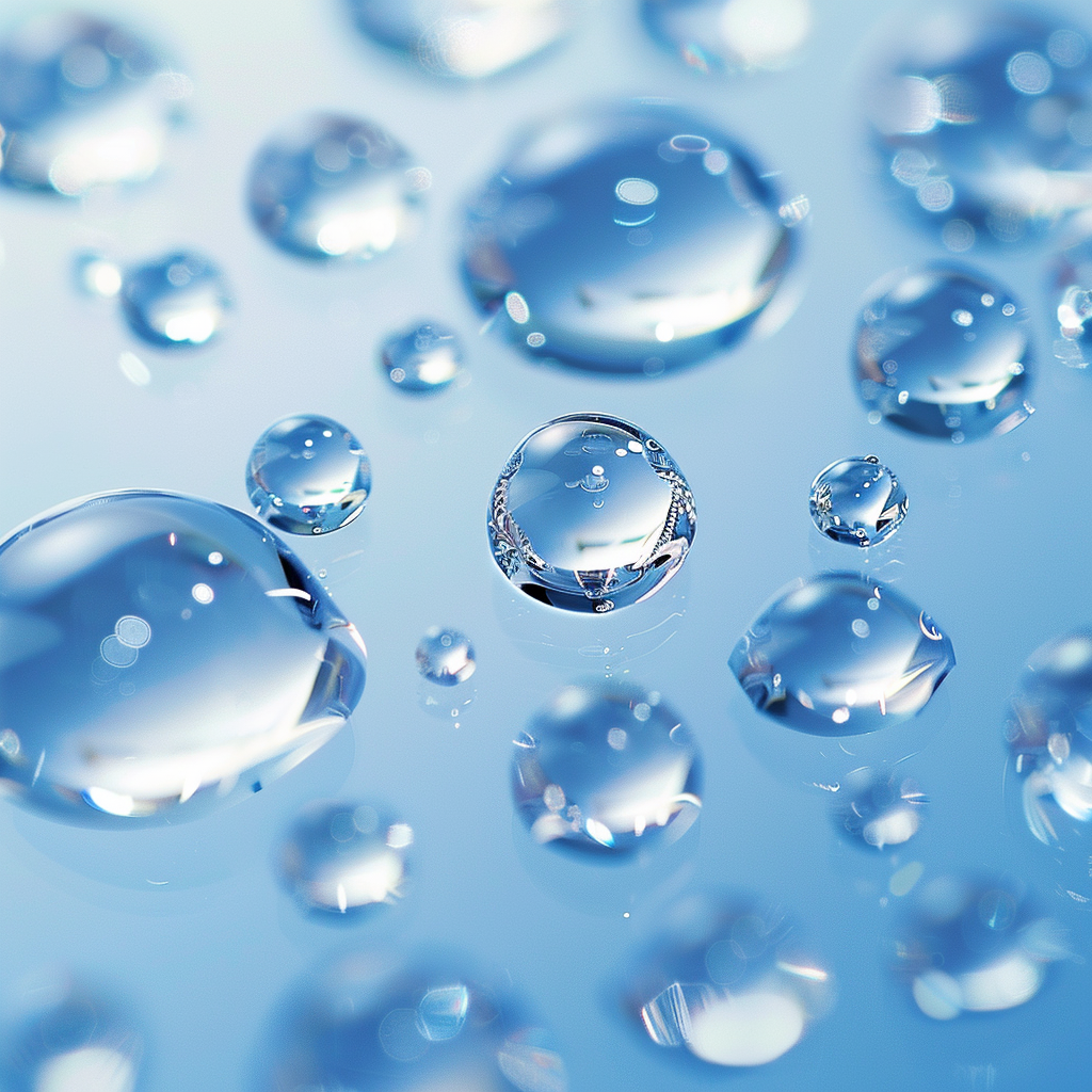 Close-up of detailed water droplets on light blue background.