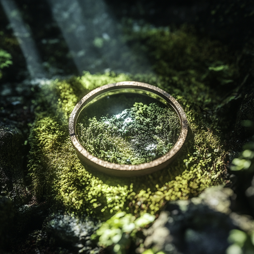 Close up of fantasy ring surrounded by moss and spotlights in studio.