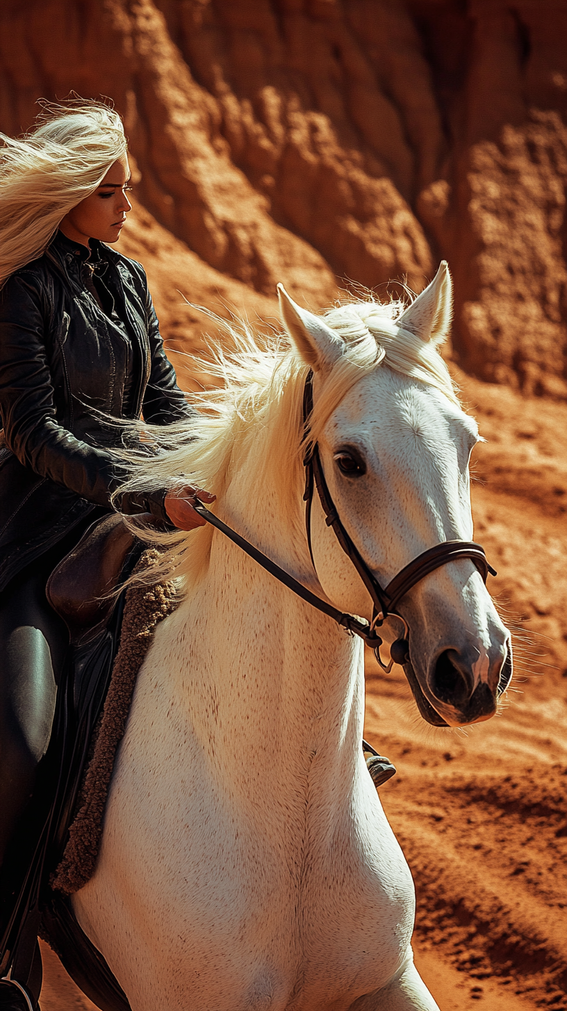 Close-up of female hands holding white horse's reigns.