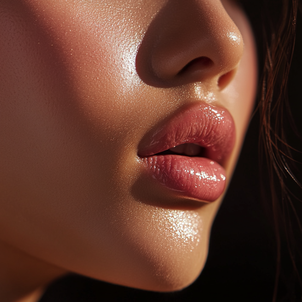 Close-up of glossy pink lips on Asian woman.