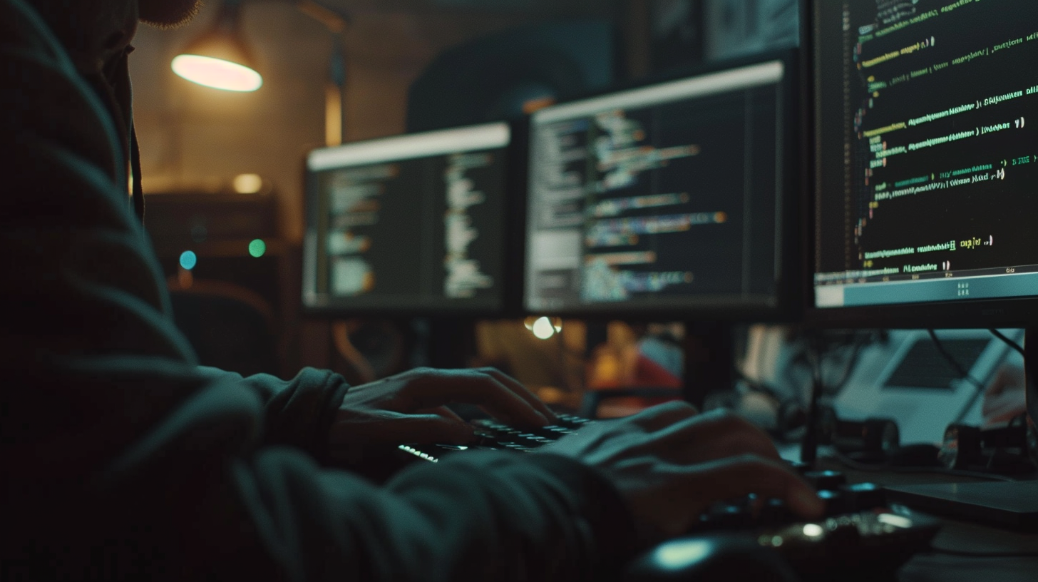 Close-up of hacker typing in dark office. Multiple screens.