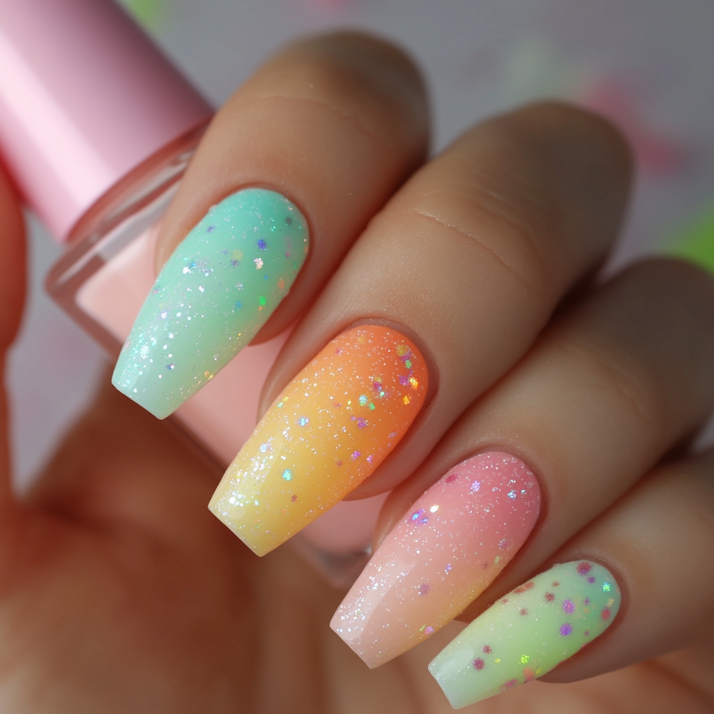 Close-up of hand with colorful, glittery nails and makeup.