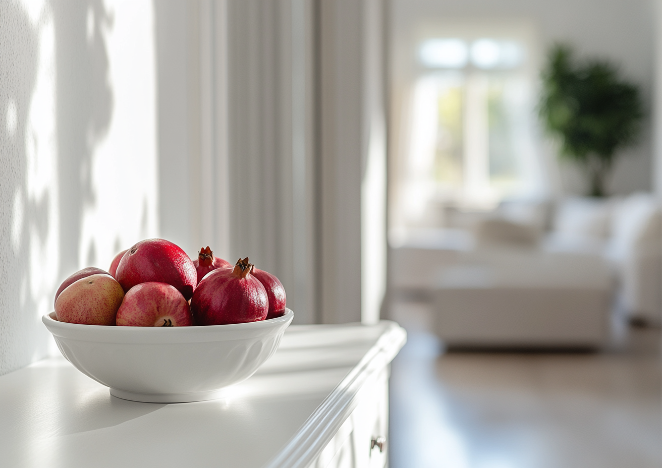 Close-up of narrow white dresser with fruit bowl.