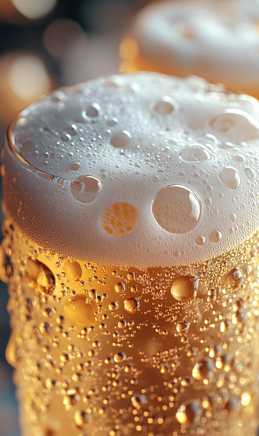 Close-up of pastel beer foam with water droplets.