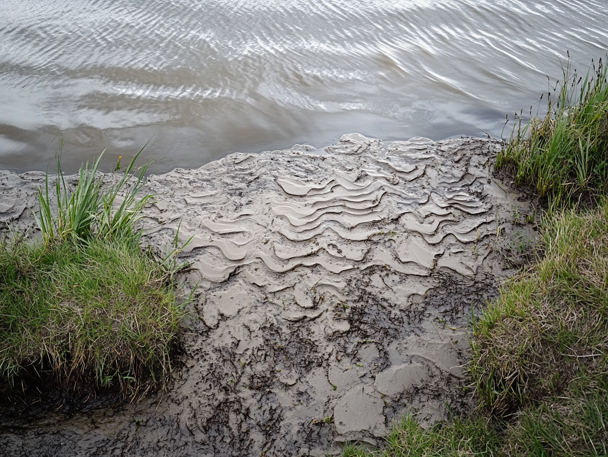 Close-up of river bank with calm water and grass.