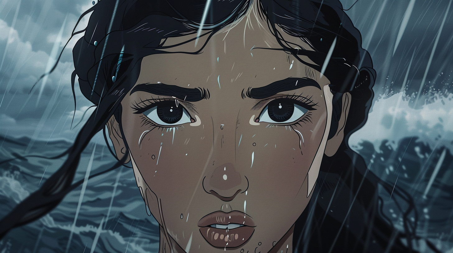 Close-up of sad Kim Kardashian as anime character.