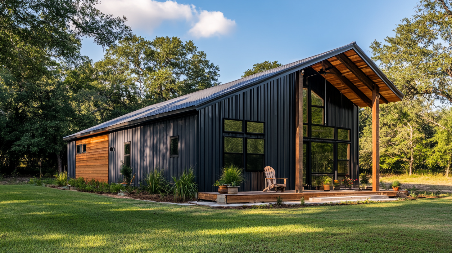 Close-up of small barndominium with metal siding, nature.