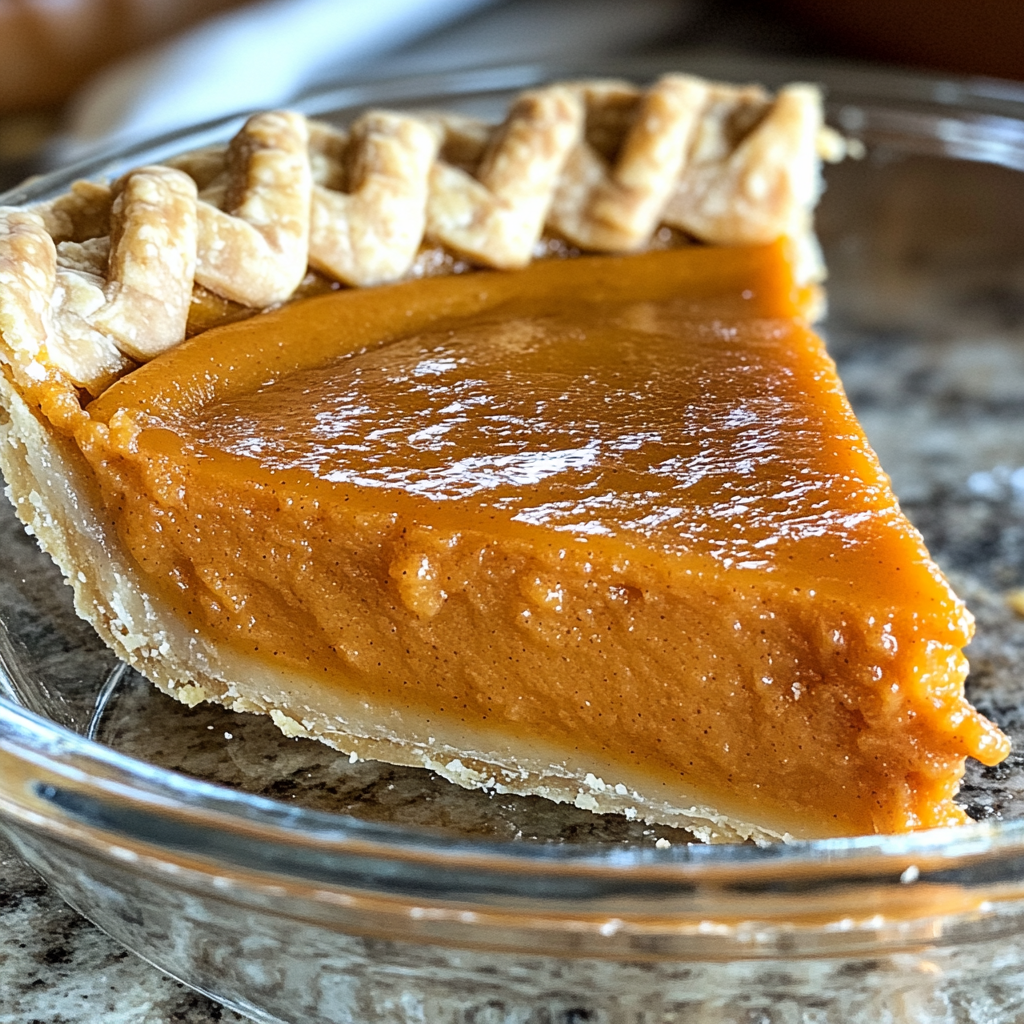 Close-up of sweet potato pie in glass dish.