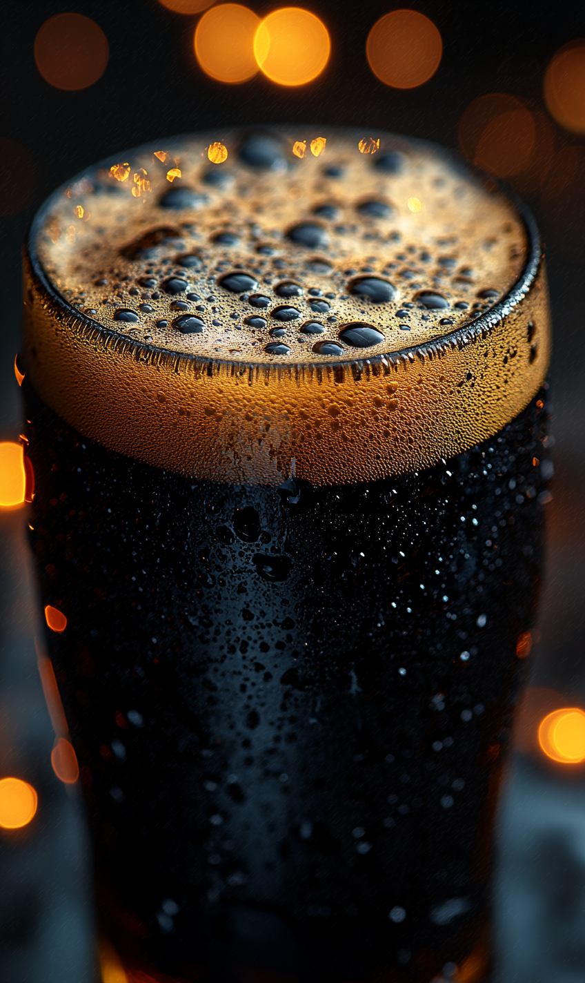 Close-up of thick black beer foam with water droplets.