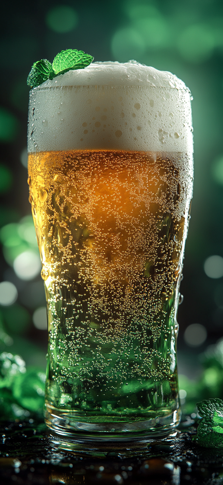 Close-up of thick mint green beer foam in glass.