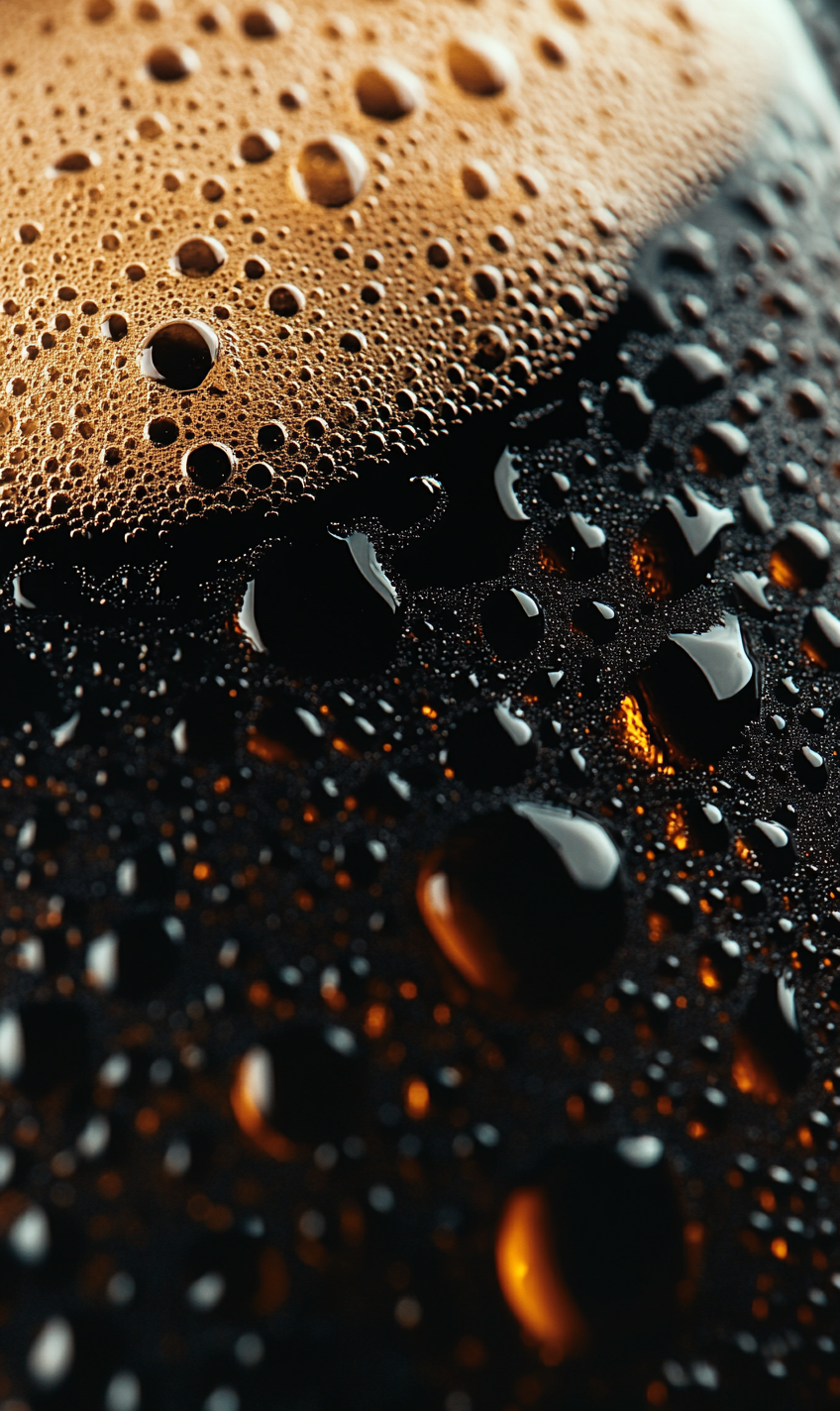 Close-up of thick white foam on black beer glass.