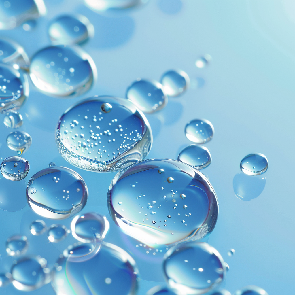 Close-up of transparent water droplets on blue background.