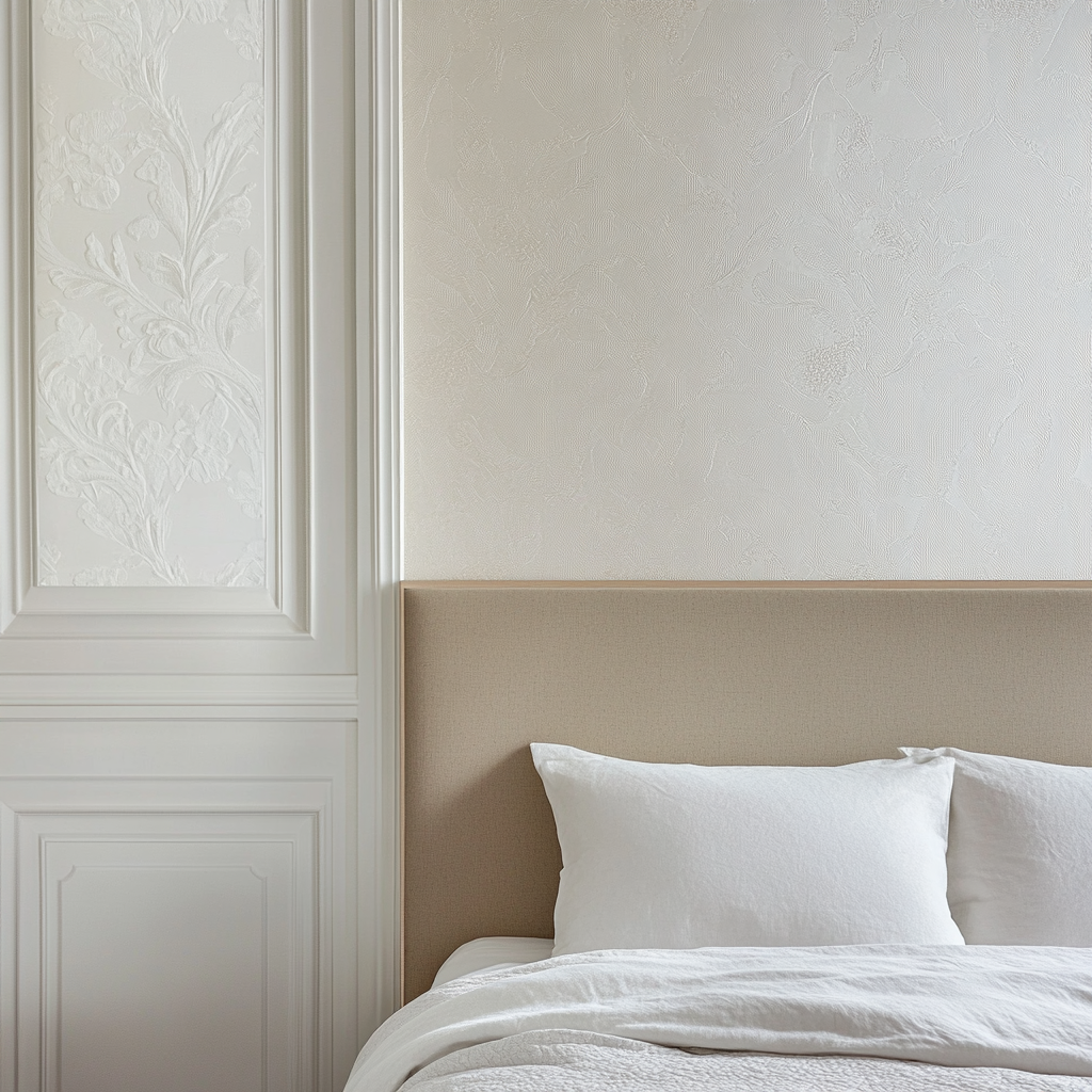 Close-up of white bedroom wall with wallpaper display area.