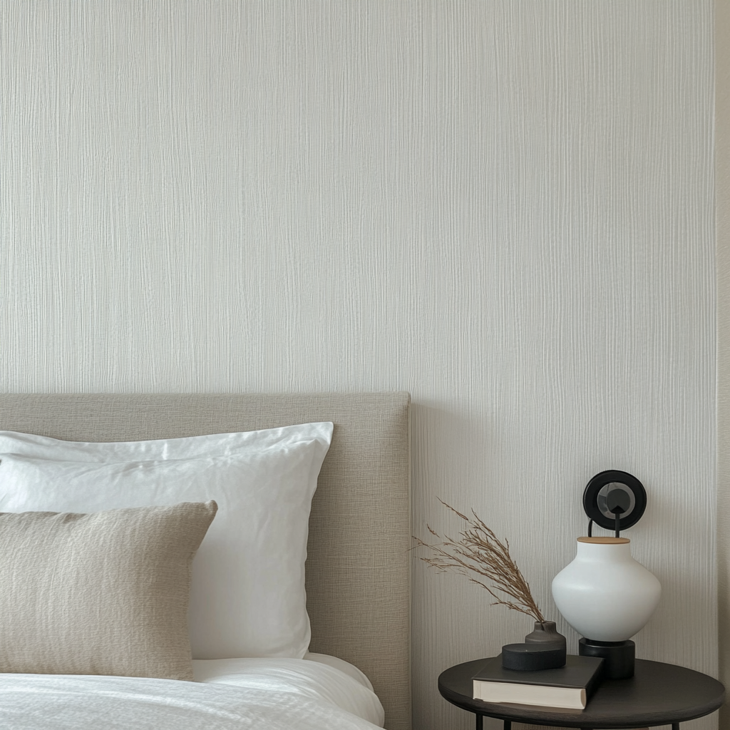 Close-up of white bedroom wall with wallpaper focus.