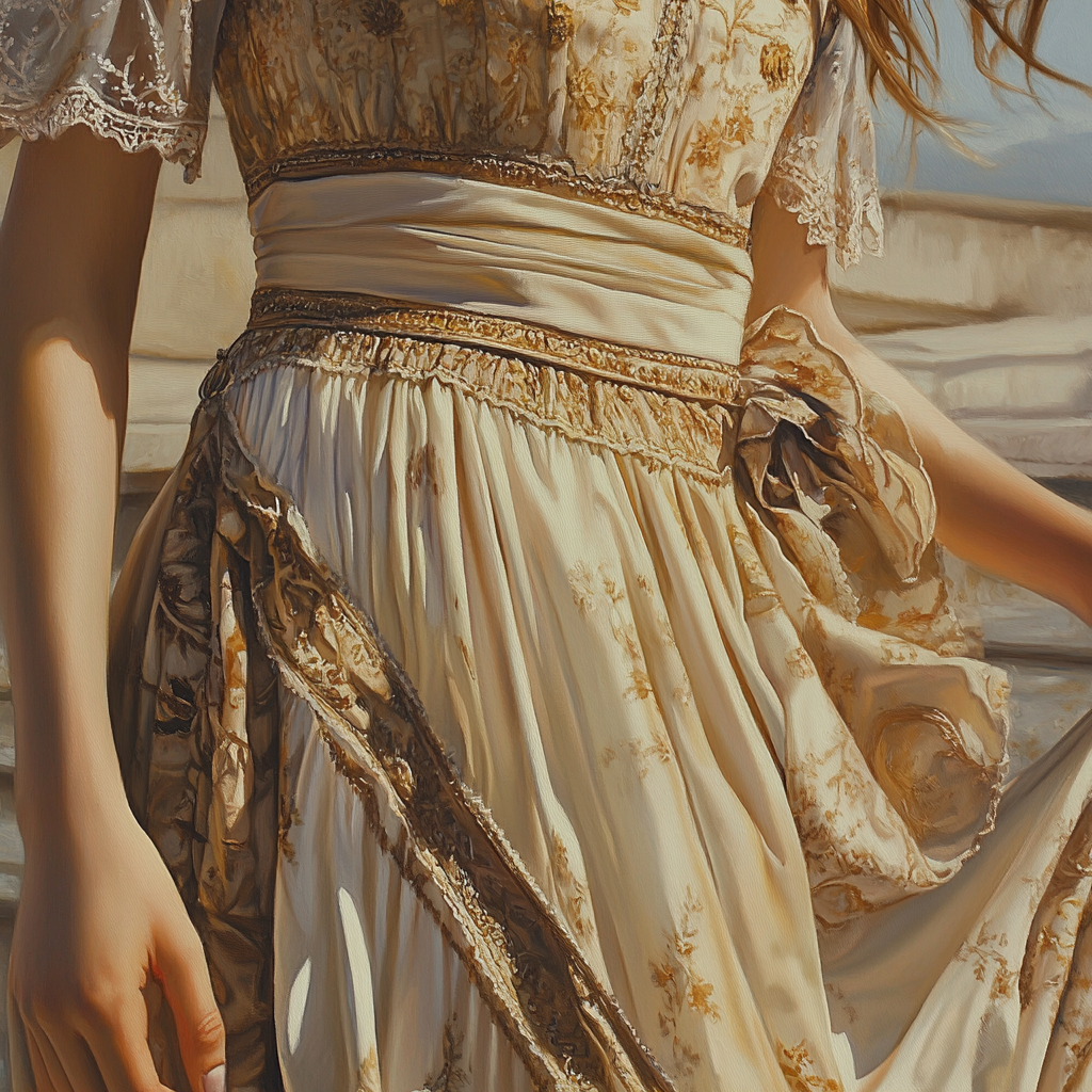 Close up of woman in detailed flowy dress.