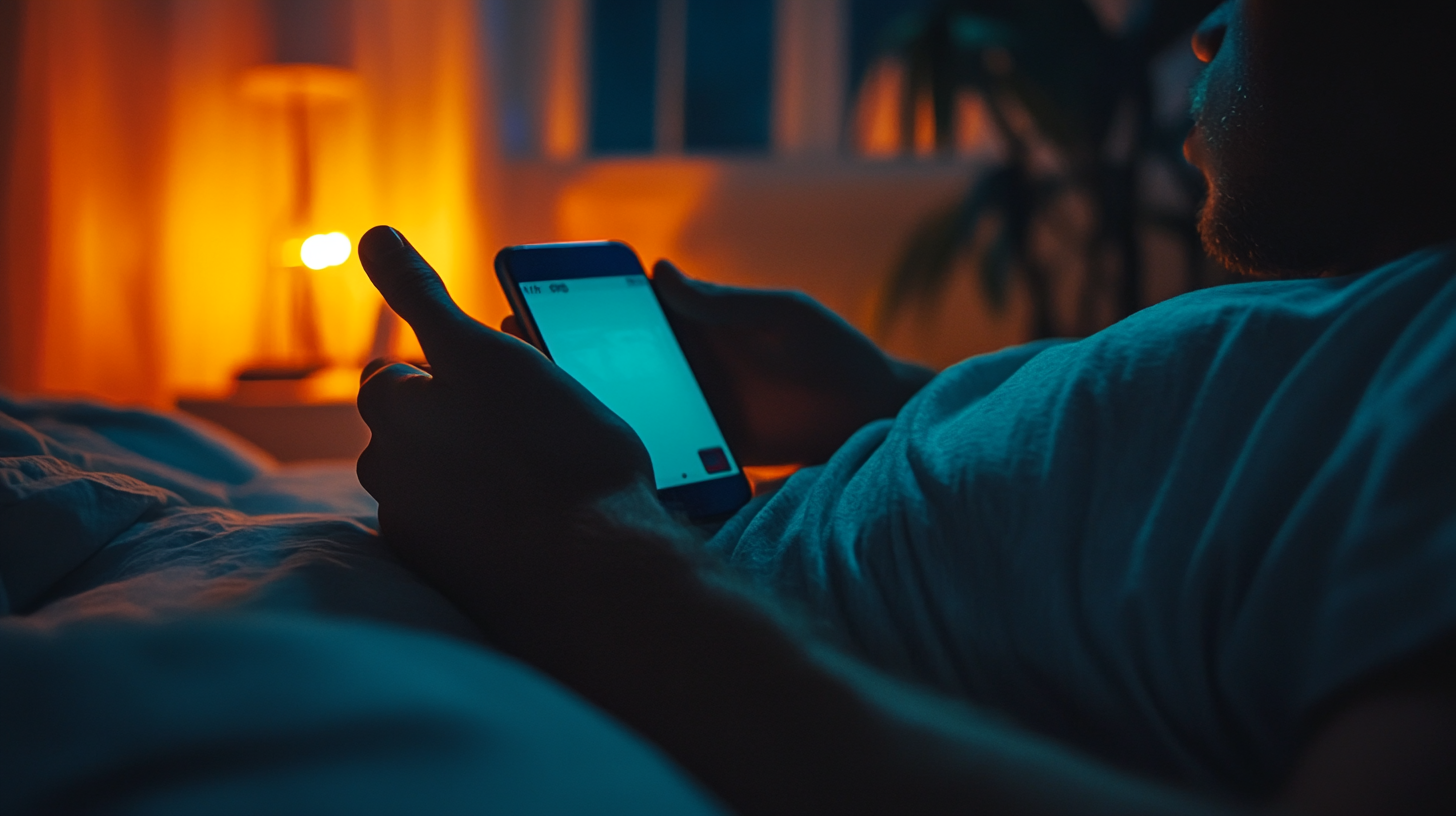 Close-up of young man's hands on cinematic phone screen.