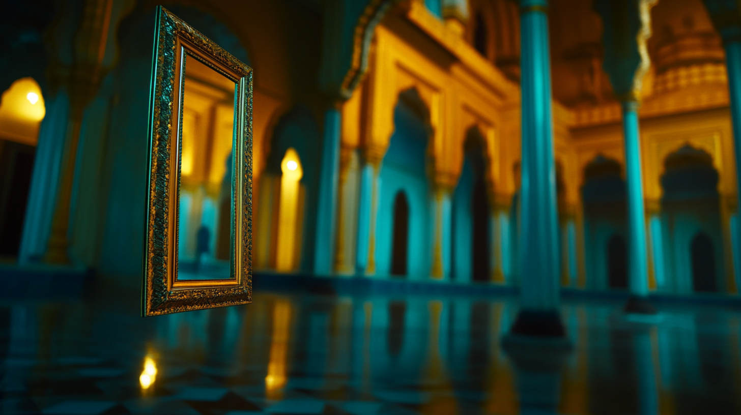 Close-up on floating mirror in golden palace at night.