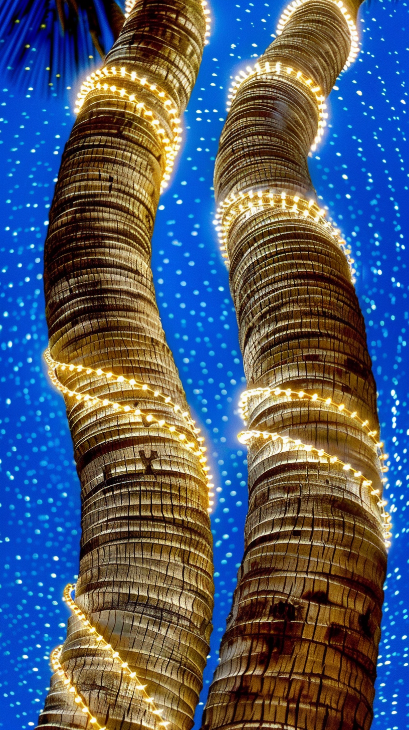 Close-up palm tree trunks with fairy lights, stars.