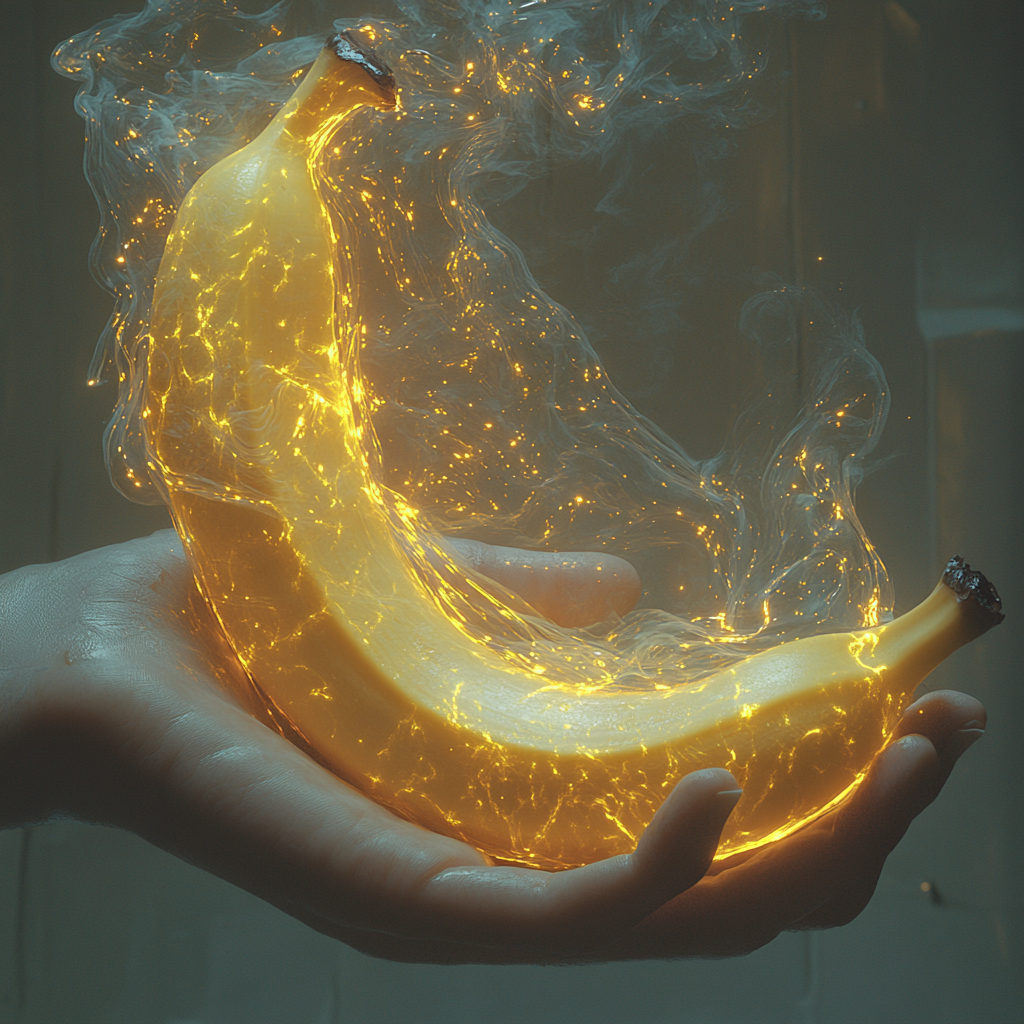 Close-up peeled banana in hand with glowing aura.